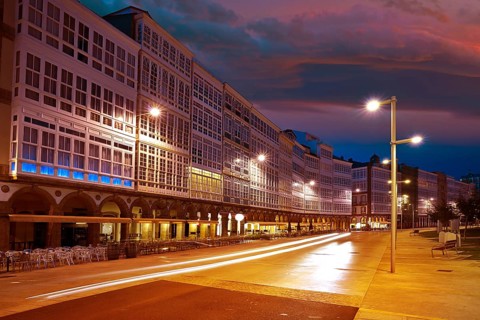 La Coruna facades sunset near Port in Galicia of Spain