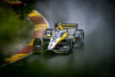 COLTON HERTA (26) of Valencia, California comes through turn 12 (Canada Corner) during a wet