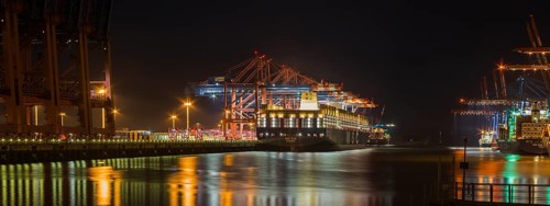 Containership MSC Zoe at Eurogate Terminal in Hamburg, Germany, nightshot, Europe