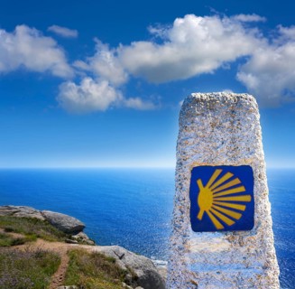 End of Saint James Way sign of Finisterre in Galicia Spain photomount