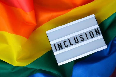 Rainbow flag with lightbox and text INCLUSION. Rainbow lgbtq flag made from silk material. Symbol