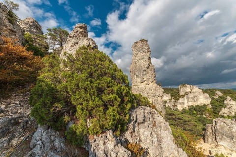 Rocky peak in the Chaos site of Montpellier in the Cevenes. Milllau, France, Europe