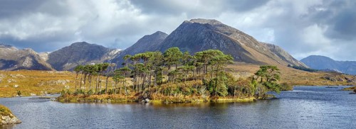 Panoramic landscape with lake from Pines Island Viewpoint in Galway county, Ireland, Europe