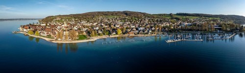 Lake Constance shore, drone shot, Steckborn on Lake Constance, Thurgau, Switzerland, Europe