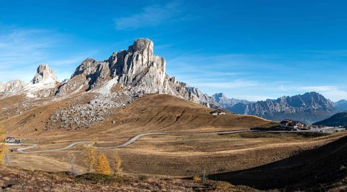 Mountain landscape of the picturesque Dolomites at the Passo Di Giau area in South Tyrol in Italy