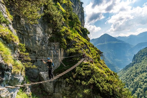 Sports via ferrata near the valley with a suspension bridge and a great view of the Berchtesgaden