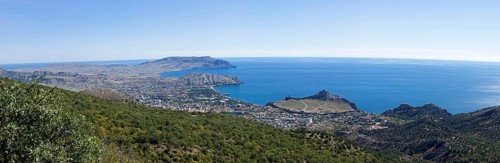 Panorama of the Black Sea coast, a view from the Perchem mountain on the resort town of Sudak and