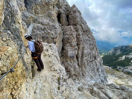 Adventurous hike up to mount Lagazuoi in the Dolomite Alps, autonomous pronvince of South Tirol in