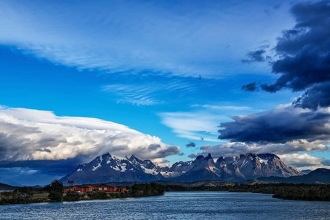 View over Lago Paine to the Cuernos and Torres del Paine, Torres del Paine National Park,
