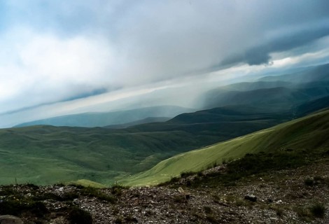 Mountain landscape with grass in the hills. Mountain landscape. Mountain vegetation
