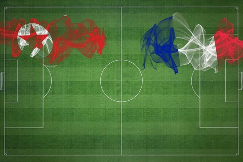 North Korea vs France Soccer Match, national colors, national flags, soccer field, football game,