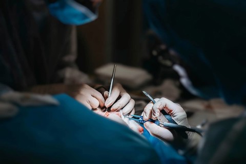 Surgeons in action performing surgery with focused lighting on their hands