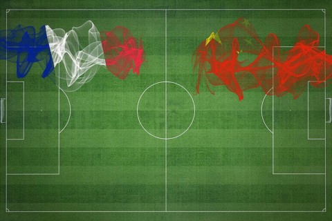 France vs China Soccer Match, national colors, national flags, soccer field, football game,