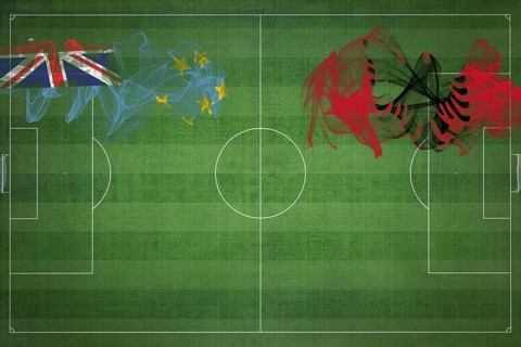 Tuvalu vs Albania Soccer Match, national colors, national flags, soccer field, football game,