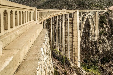 Close-up, detailed and side view of the Bixby Bridge on Coastal and Pacific Highway one, Big Sur.