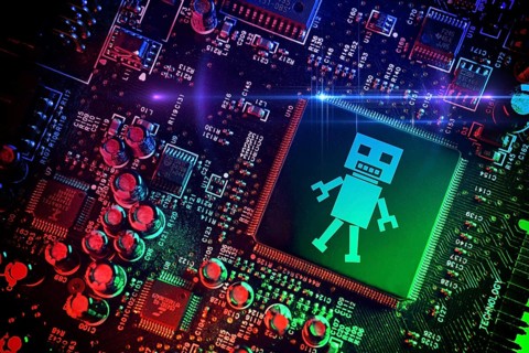 Computer chip with robot symbol, artificial intelligence, photomontage