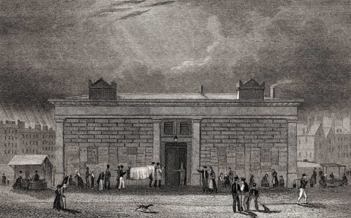 The morgue, quai of Notre-Dame, Paris, antique steel engraved print, 1831