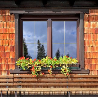 Dachstein huge tourist complex in Austrian Alps. Picturesque popular cafe window with flower pots