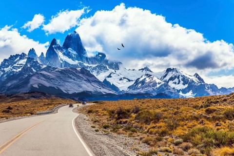 Argentine Patagonia. Summer day in February. Fine highway to the majestic Mount Fitz Roy. The