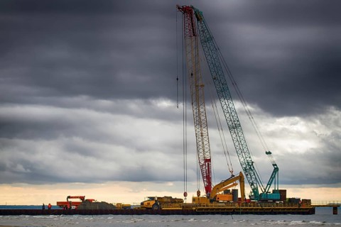 Construction of offshore section of gas pipeline on bottom of Baltic sea Nord stream-2. Pier goes