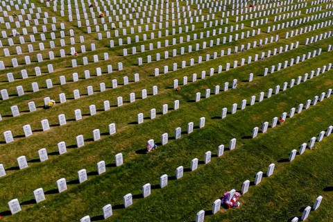 Oct 28, 2023, Salisbury, NC: Aerial view of a military cemetery with rows of military head stones