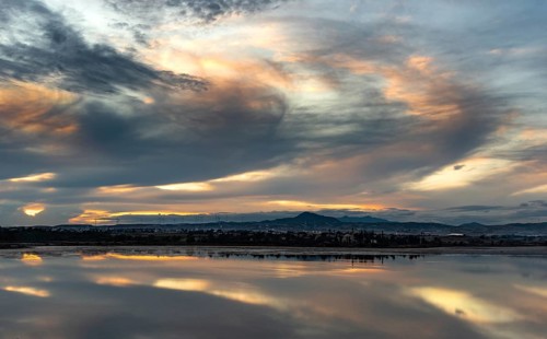 Colourful sunset twilight sky at the salt lake of Larnaca in Cyprus