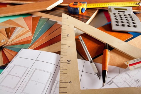 Architect interior designer or carpenter workplace with desk design tools