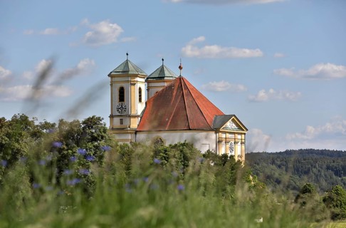 Pilgrimage church Maria Himmelfahrt in Marienberg, blooming meadow and white-blue sky, Burghausen,