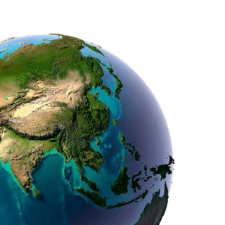 Earth with translucent water in the oceans and the detailed topography of the continents. A