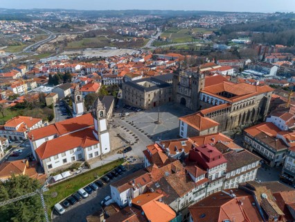 Aerial top view of old historic town Viseu with church and Cathedral, Portugal, Europe