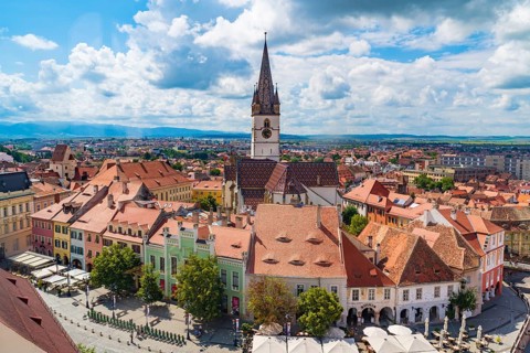 Small Square and Lutheran Cathedral in Sibiu, Transylvania, Romania, Europe