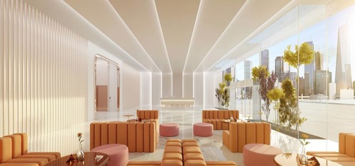 Interior of modern entrance hall in modern office building with reception counter and waiting area