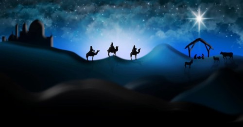 Christmas Nativity Scene Of Three Wise Men Magi Going To Meet Baby Jesus in the Manger with the