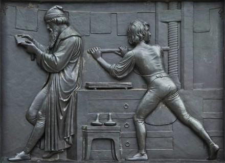 Sculptor Bertel Thorvaldsen inaugurated in 1837, bronze relief on the plinth: workshop scene
