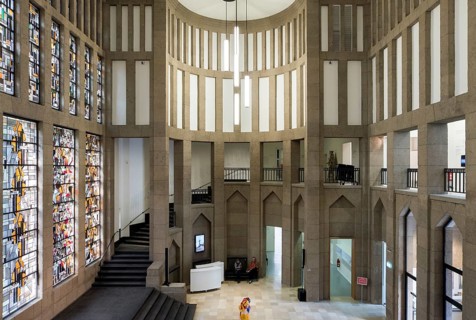 Central entrance hall with staircase and Jan Thorn-Prikkers leaded glass window mural