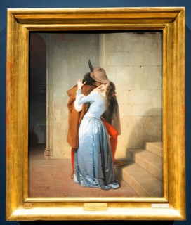 Milan, Italy, 23 September 2023: Brera antique painting museum. The Kiss, Il Bacio, by Francesco
