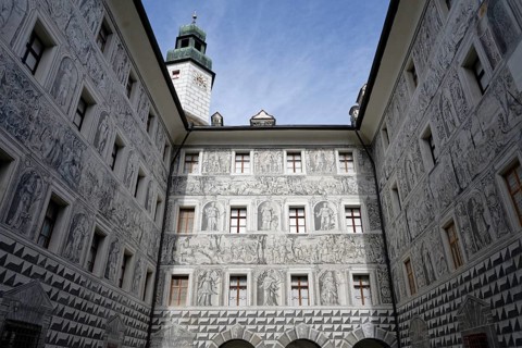 Fresco painting, inner courtyard, Ambras Castle, Innsbruck, Tyrol, Austria, Europe
