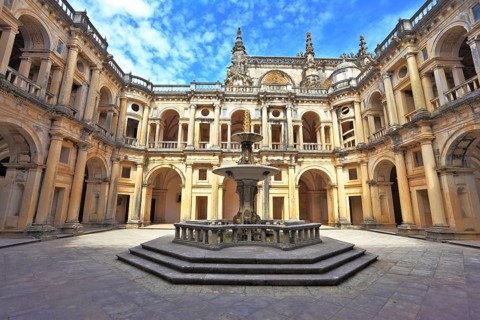 Beautifully preserved castle - palace of the Templars. Courtyard surrounded by galleries. In the