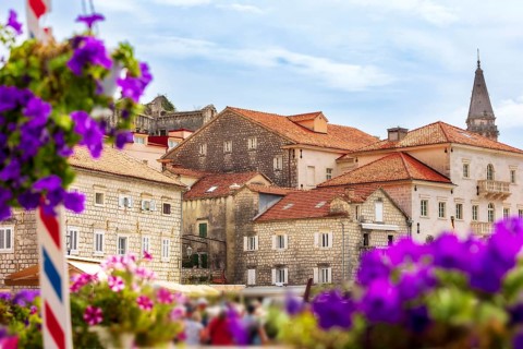 Perast, Montenegro flowers frame and houses on promenade of the ancient town