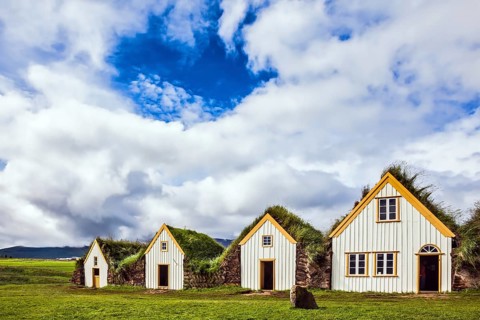The village of old houses covered with turf and grass. Ethnographic Museum-estate Glaumbaer,