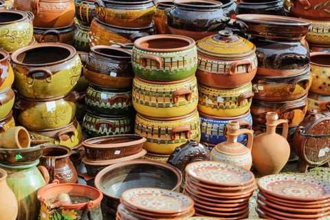 A Lot of Old Earthenware Crockery on the Pottery Market Burgas, Bulgaria, Europe