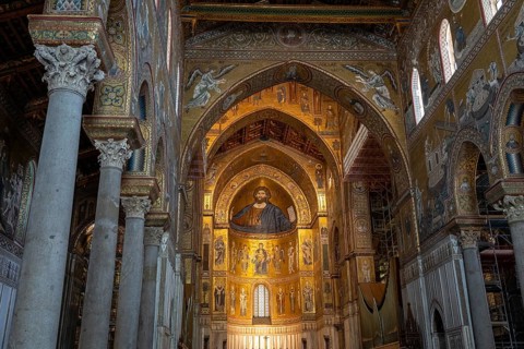 Monreale, Italy, July 18, 2023: Interior of Monreale Cathedral, a Catholic church and UNESCO world