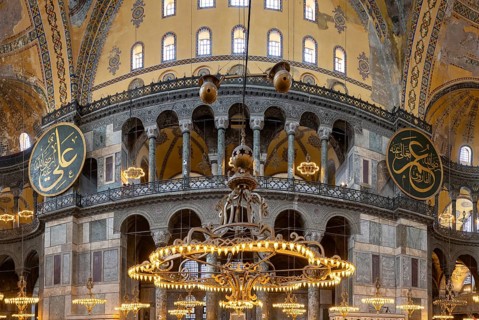 A picture of the colorful and gorgeous interior of the Hagia Sophia, in Istanbul