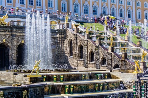 View on Great Cascade Fountain in Peterhof, Saint-Petersburg, Russia, Europe