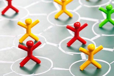 Social network, people in drawing net on blackboard.