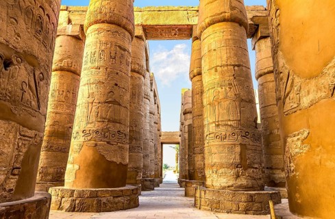 Central colonnade of Karnak temple in Luxor at sunrise, Egypt, Africa