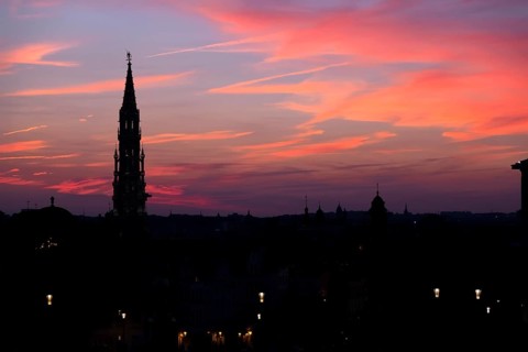 Cathedral and statue of king Albert I at sunset, Brussel, Belgium, Europe