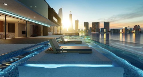 Luxury villa exterior design with beautiful sunset cityscape at the infinity pool. 3d rendering