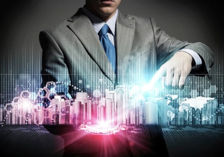 Businessman touching colorful hologram of modern business district 3d model. Architect presenting