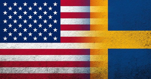 United States of America (USA) national flag with Sweden national flag. Grunge background